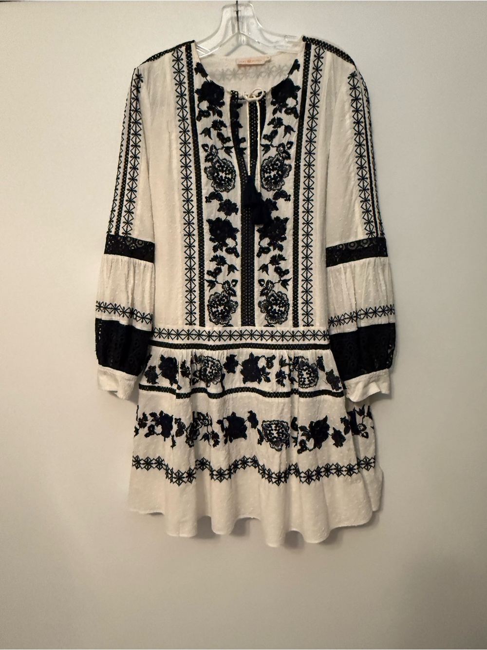 Tory Burch White Long Sleeve Embroidered Boho Dress with Black Detail